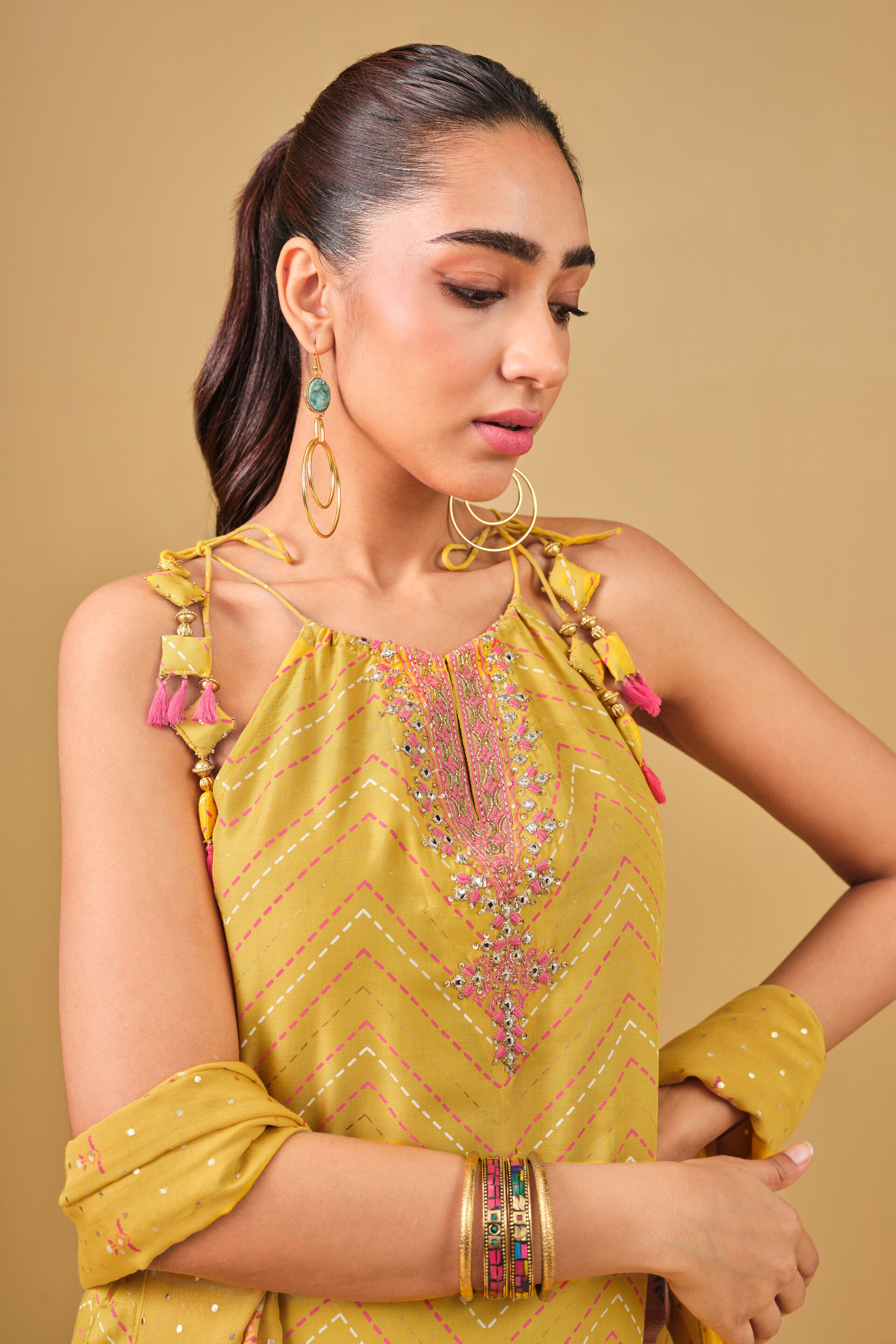 Embroidered Yellow Kurta Set, Mustard, image 4